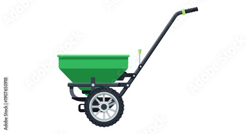 A green garden cart with a single wheel and long handle on a plain background