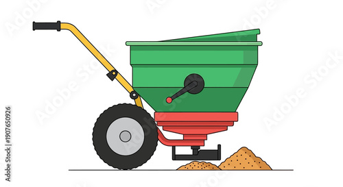 Fertilizer spreader in action on a field, viewed from the side, with piles of fertilizer on the ground