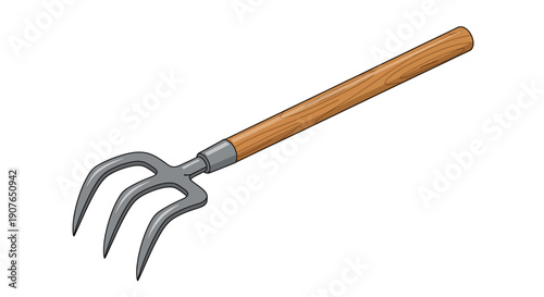 Illustration of a garden fork with a wooden handle and metal tines on a white background