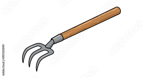 A gardening fork with a wooden handle is viewed from the side on a plain white background