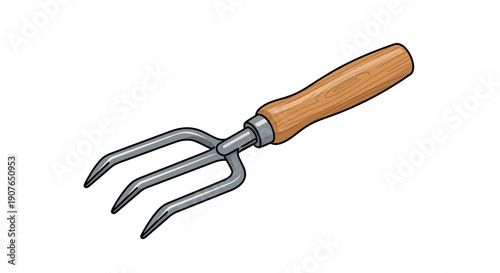 Illustration of a garden fork with a wooden handle and metal tines on a plain background viewed from the side