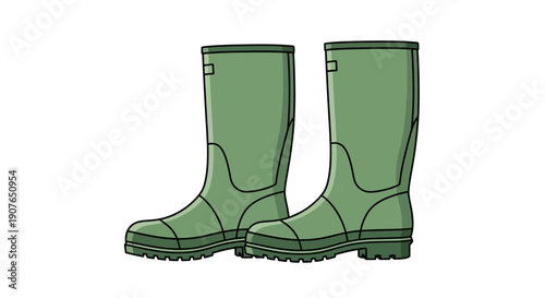A pair of green rubber boots standing upright on a white background, viewed from the front