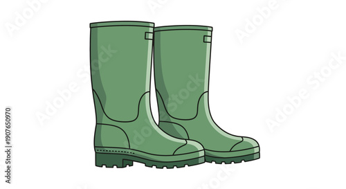 Illustration of green rubber boots standing side by side on a white background from a straightforward viewpoint