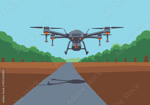 A large agricultural drone flies over a field, spraying.  Clear path, rural setting, modern technology. Ideal for agriculture and farming visuals.