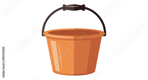 An orange bucket with a black handle is viewed from the front against a plain white background in a simple illustration