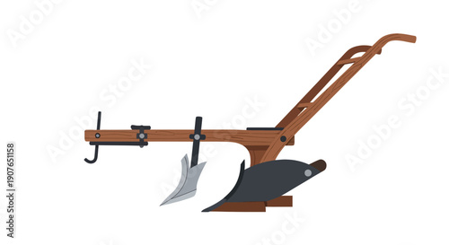 An old-fashioned wooden plow with metal blades lies on a white background, viewed from the side