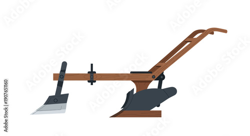 Illustration of a plow in action, cultivating the soil from a side viewpoint in an agricultural setting