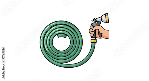 Hand holding a green garden hose with a spray nozzle in a gardening scene