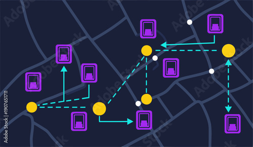 Visualize logistics network pickup hub with interconnected points A modern stylized map illustration showcasing efficient delivery routes and strategic locations