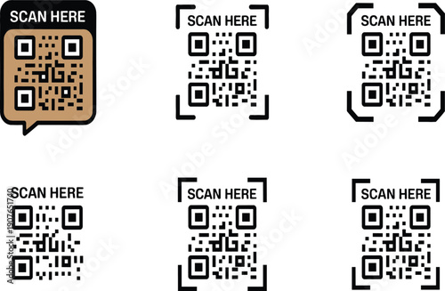 QR code scan here label and frame set illustration with modern styles, mobile payment and digital access icons vector design