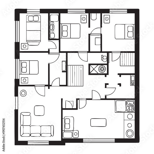 Black and white floor plan of a two-story apartment with furniture and fixtures