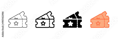 Set of minimalist ticket icons with transparent background, depicting admission passes for events, cinema, and lottery, vector illustration