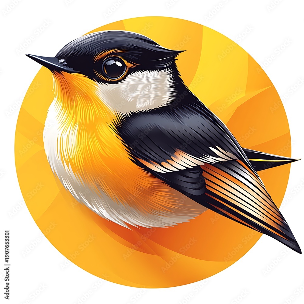 Fototapeta premium Small colorful bird with photo black white and orange feathers on yellow circle small bird