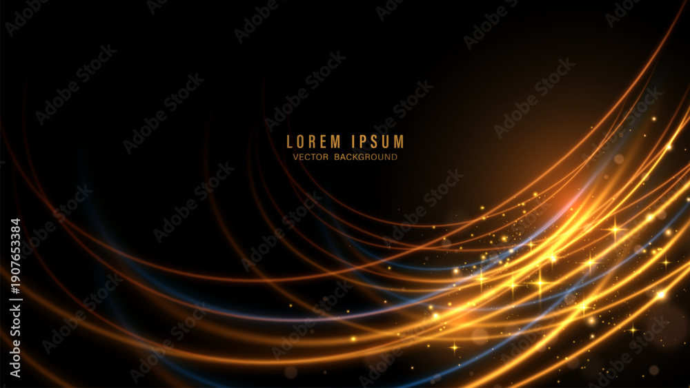 Obraz premium Abstract golden light swirl vector background. Glowing orange curved lines with sparkles on black
