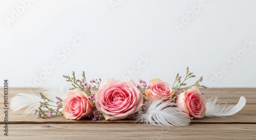 Delicate composition featuring romantic pastel pink roses, subtle filler flowers, and airy white feathers resting on a rustic wooden surface, design, tranquil, romantic