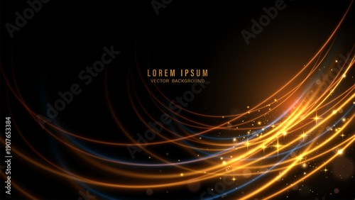 Abstract golden light swirl vector background. Glowing orange curved lines with sparkles on black