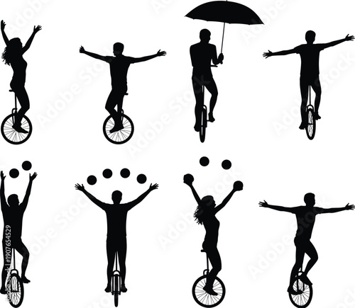 Black unicycle performer silhouette set isolated on white background showing balance tricks, juggling, umbrella riding poses, circus street performance, dynamic movement illustration collection