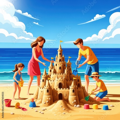 Glückliche Familie baut eine große Sandburg am sonnigen Strand. Kinder und Eltern genießen die sommerlichen Ferien am Meer, Entspannung, Zusammen, Sorglos
