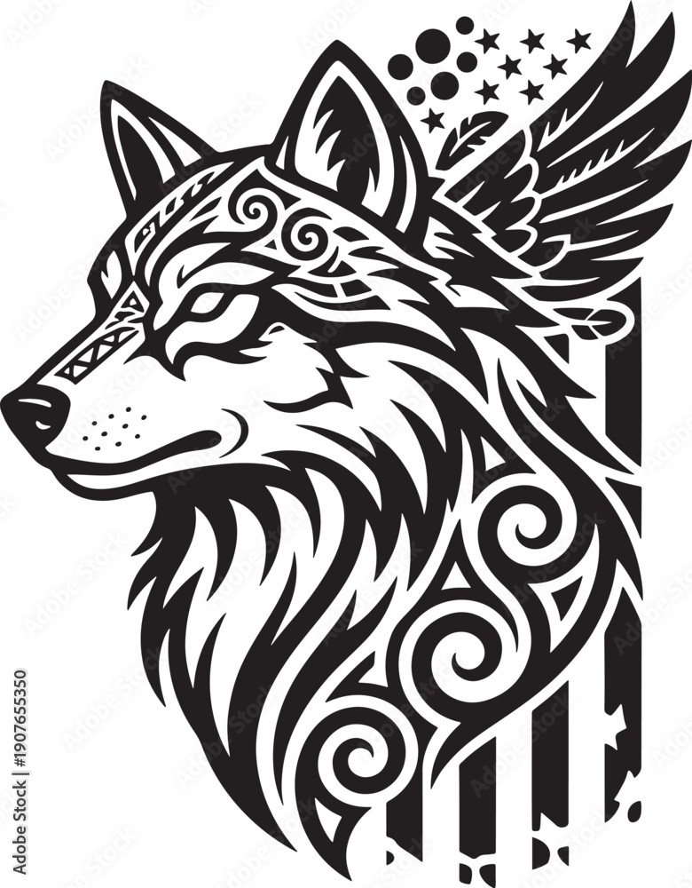 Fototapeta premium Tribal Wolf Head with American Flag Wings Silhouette Vector Illustration