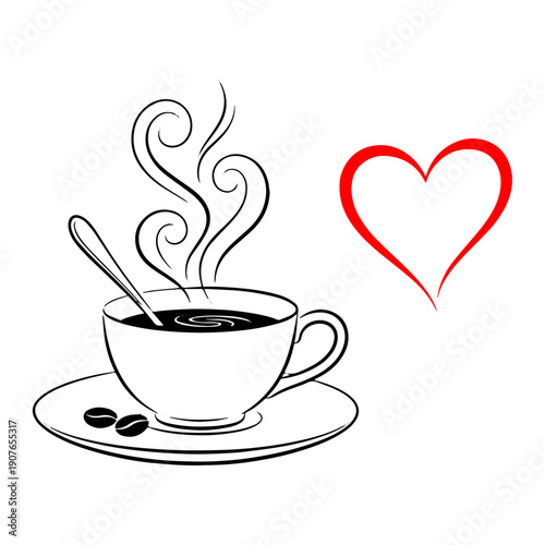 Tea Lover Concept Illustration - Vector Tea Cup with Heart Steam Silhouette, Hot Drink and Breakfast Icon