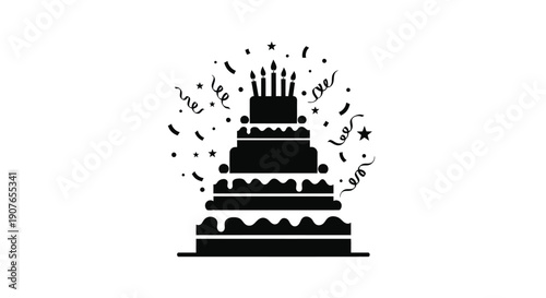 Elegant black silhouette of a tiered cake with celebratory confetti and candles