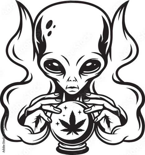 Alien Silhouette Holding Crystal Ball with Cannabis Leaf Mystical Sci Fi Art
