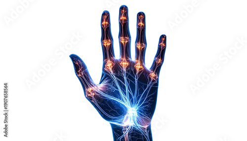 Glowing Hand with Futuristic Circuitry.