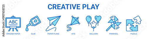Creative Play web banner icon vector illustration concept with icon of origami paper, glue, paper plane, kite, balloon, pinwheel, and puzzle.
