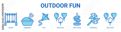 Outdoor Fun web banner icon vector illustration concept with icon of swing, sandbox, kite, balloon, ring toss, and pinwheel.
