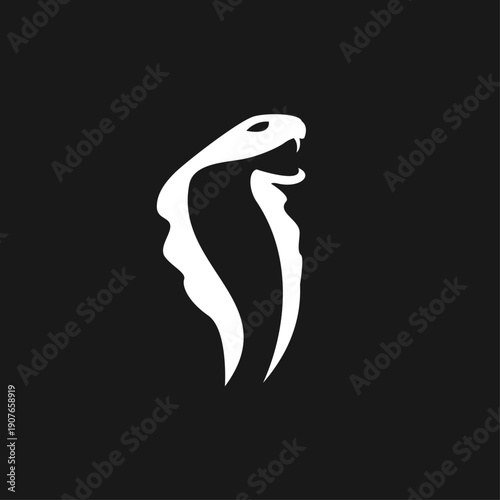 Aggressive Cobra Snake Silhouette Logo with Fangs on Black Background