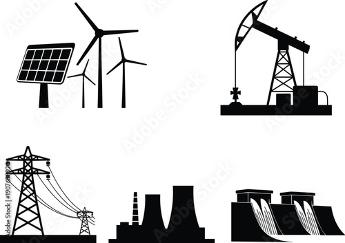Energy production silhouettes showing renewable and industrial power sources including wind turbines, solar panels, oil pump, power lines, nuclear plant and hydroelectric dam illustration set