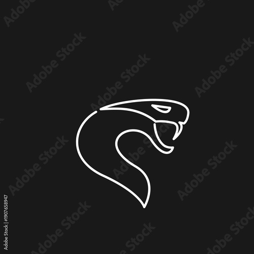 Minimalist White Outline Viper Snake Head Logo with Fangs on Black Background