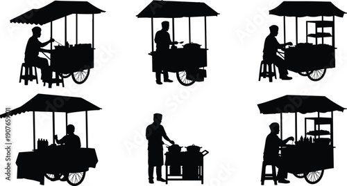 Street food vendor silhouette set, Asian cart vendor cooking noodles, outdoor market stall silhouettes, traditional mobile food kiosk icons, chef preparing meals, white background