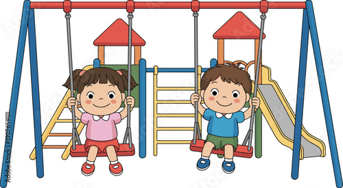Happy kids playing on playground swings colorful cartoon illustration of boy and girl enjoying outdoor park playtime vector artwork isolated on white background