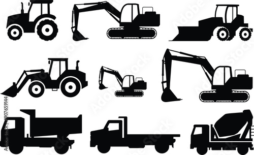 Heavy Construction Vehicles Silhouette Icon Set Including Excavator Bulldozer Tractor Loader Dump Truck and Concrete Mixer Isolated on White Background
