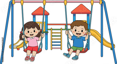 Happy kids playing on playground swings colorful cartoon illustration of boy and girl having fun outdoor park equipment vector artwork isolated on white background