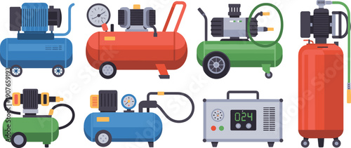 Industrial air compressor equipment icons set showing pneumatic machines, pressure tanks, electric compressors, workshop tools, mechanical energy systems isolated on white background illustration