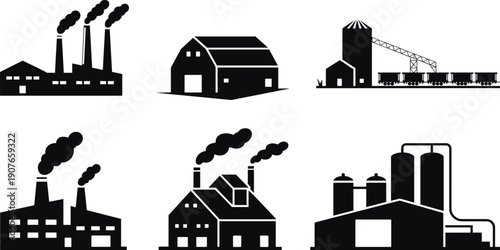 Industrial factory and warehouse silhouettes featuring power plants, storage silos and manufacturing buildings, heavy industry infrastructure illustration set isolated on white background