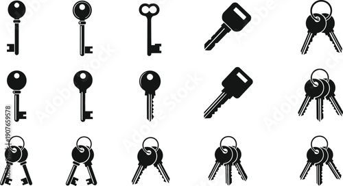 Collection of various keys in silhouette on white background