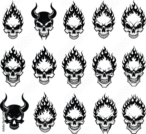 Collection of flame skulls and devil silhouette icons