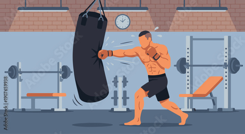 MMA Fighter Punching Heavy Bag
Flat vector illustration of an MMA fighter striking a heavy bag during training. Motion lines, gym environment visible. Flat vector style, intense training mood.