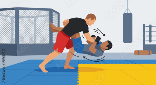 MMA Fighter Practicing Grappling
Flat vector illustration of two MMA fighters practicing grappling or takedowns on mats. Flat vector style, technique and control focus.