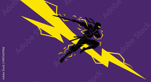  The Elemental Strike (Lightning)
A minimalist ninja mid-air strike. A jagged, bright yellow bolt of lightning cuts the frame in half diagonally. 