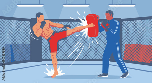  Boxer Practicing with Coach
Flat vector illustration of a boxer training with a coach holding focus mitts. Boxer throwing punches. Flat vector style, coaching and improvement theme.