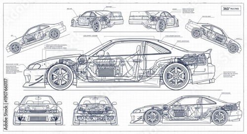 Technical Drawing of Sports Car Design.