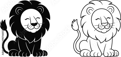 Black and White Cartoon Lions Sitting with Closed Eyes on White Background animal king