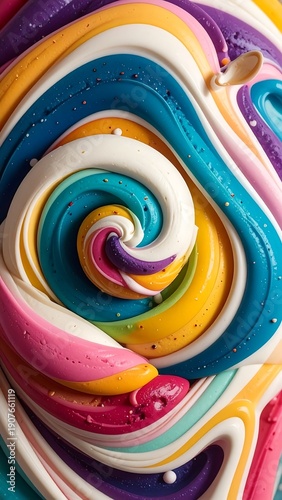 Close-up of a swirling, colorful confection, with vibrant hues of blue, pink, yellow, and purple creating a hypnotic pattern