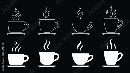 Coffee cup icon set with steaming mugs in outline and solid styles. Minimal café symbols for menus, apps, or branding projects. Black and white hot drink collection isolated.