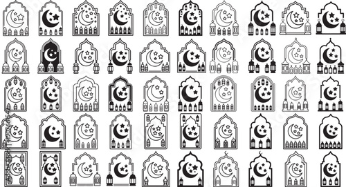 Ramadan Kareem islamic design elements with mosque crescent moon and stars