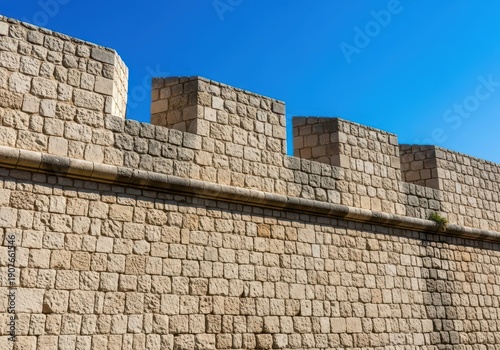 Ancient rough textured limestone wall forming a defensive battlement of a rugged Mediterranean fortress under bright sunlight, landmark, fortress, weathered